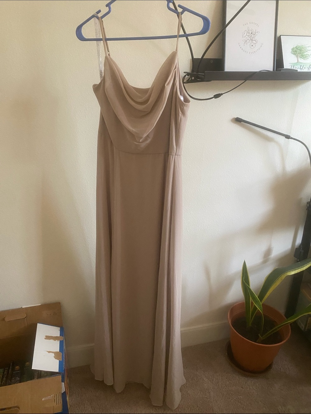 Elegant Beige Cowl Neck Spaghetti Strap Maxi Dress